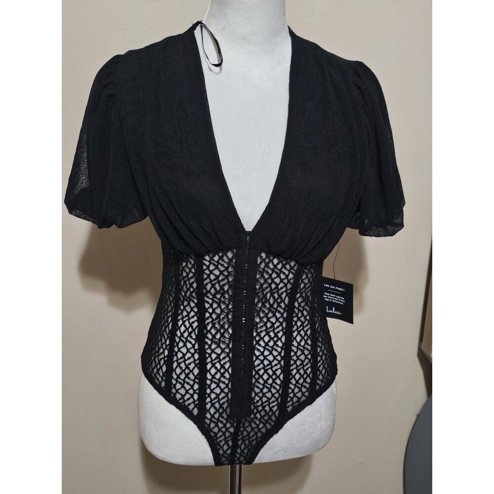 Lulus-Women's Mesh Puff Sleeve Bodysuit-Black/size Length: 21"​ Pit to pit 16 - Picture 4 of 15